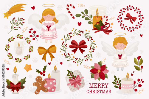 Set with Christmas angels, burning candles, wreath, bows gift ribbon. Cartoon illustration clipart, trendy colors, vector design