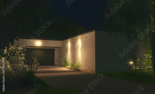 Neighborhood Real Estate Image - A modern house illuminated at night, showcasing sleek architecture and landscaping.