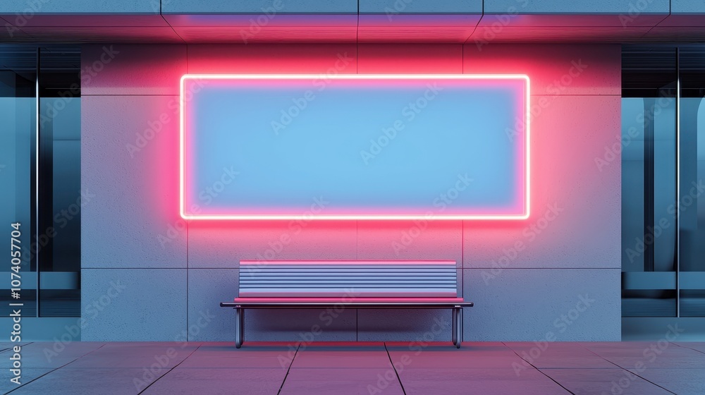 A blank light blue digital marquee sign framed by bright red neon lights, and a minimalist bench, perfect for advertising and design ideas.