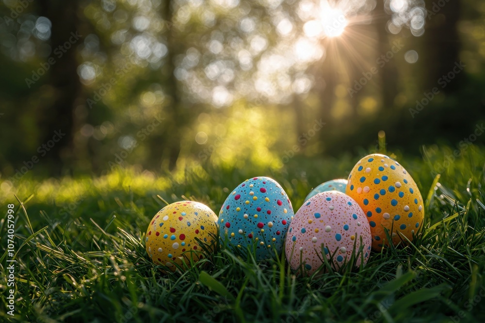 Four Colorful Easter Eggs in Green Grass with Sunbeams