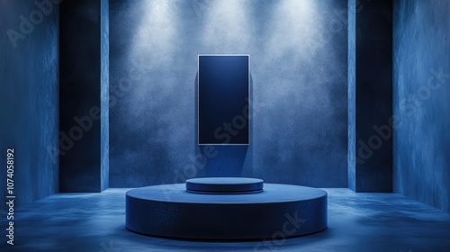 Blue backdrop featuring a pedestal and a display case blue stage platform podium for product presentation 3D rendering