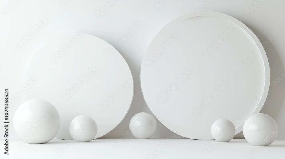 Two round 3D displays of varying sizes on a white background accompanied by spheres Concept of geometric arrangement on a white backdrop Two round 3D displays of varying sizes on a white background accompanied by spheres Concept of geometric arrangement on a white backdrop