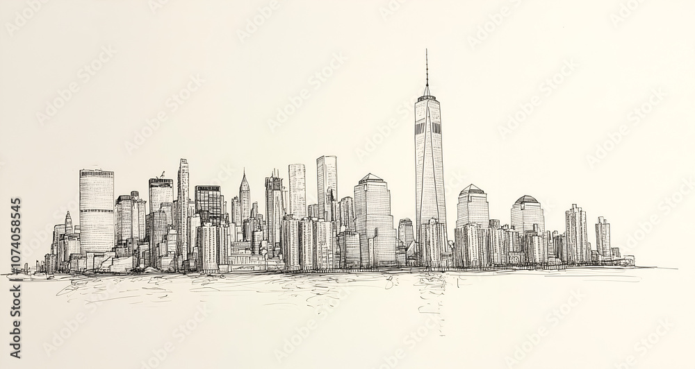 Obraz premium simple line drawing of the skyline of New York City, drawn in black ink on white paper. 