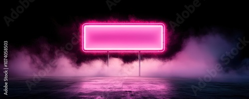 A vibrant neon marquee sign with glowing lights surrounded by mist, showcasing bold colors for a stunning visual effect in a dark atmosphere.