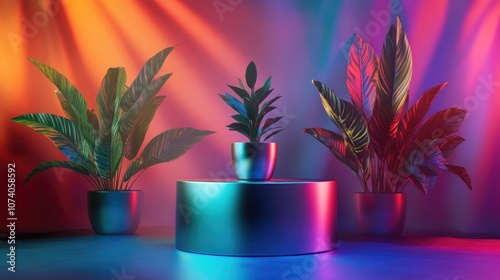 Isolated metallic icon on a podium surrounded by three plants in vibrant multi colored lighting Orthogonal projection 3D render photo