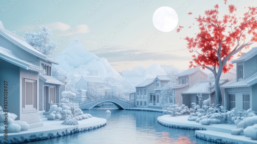 Fototapeta premium Jiangnan Serenity: A Hyper-Realistic Paper-Cut Winter's Dream