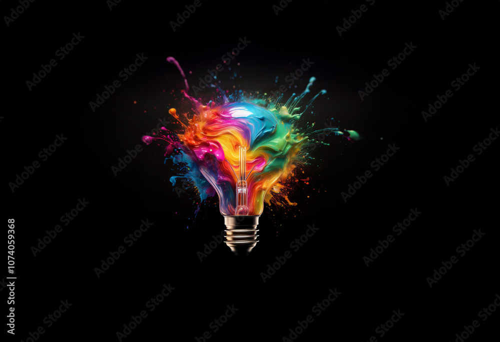 A lightbulb explodes with vibrant paint splatters, a burst of color and creativity. A lightbulb explodes with vibrant paint splatters, a burst of color and creativity.