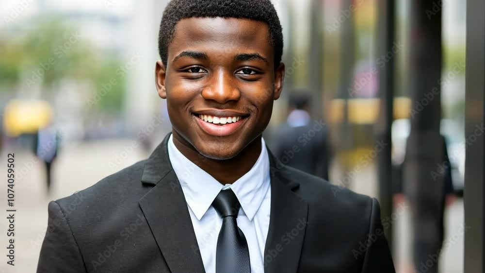 A young man in a suit smiles while walking on a city street A young man in a suit smiles while walking on a city street