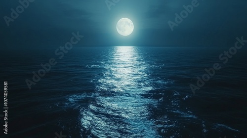 Silvery moonlight across sea expanse, ocean water surface with reflection, night casting blue toward horizon line photo