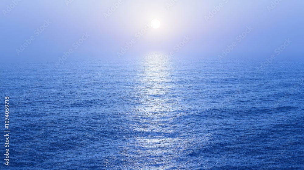 Silvery moonlight across sea expanse, ocean water surface with reflection, night casting blue toward horizon line Silvery moonlight across sea expanse, ocean water surface with reflection, night casting blue toward horizon line
