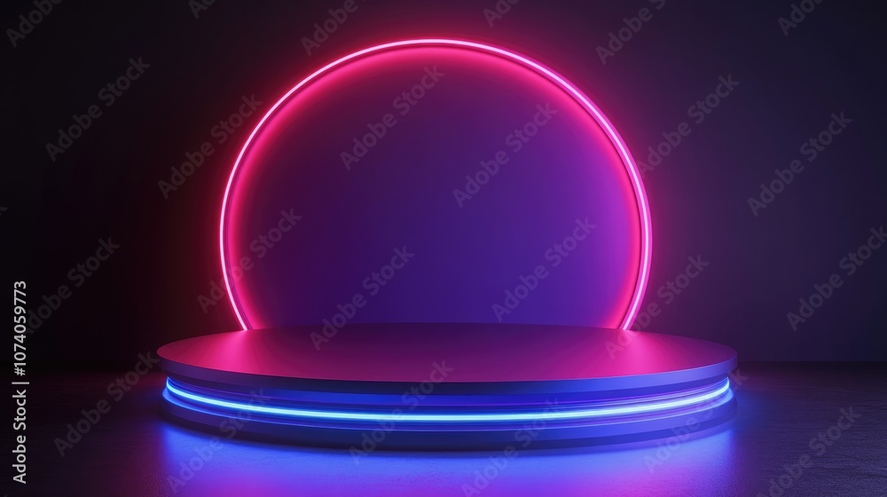 3D rendered modern mockup podium featuring neon lighting a futuristic pedestal designed for product displays and advertising 3D rendered modern mockup podium featuring neon lighting a futuristic pedestal designed for product displays and advertising