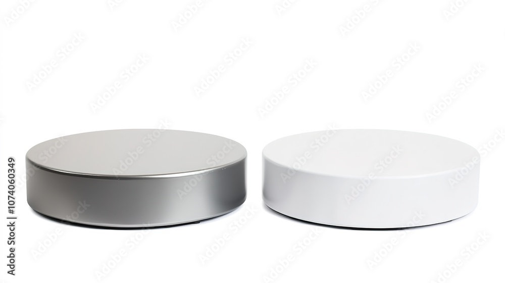 A sleek and minimalist white and matte silver round podium placed against a clean white background. The smooth, reflective surface of the podium's silver base contrasts beautifully A sleek and minimalist white and matte silver round podium placed against a clean white background. The smooth, reflective surface of the podium's silver base contrasts beautifully