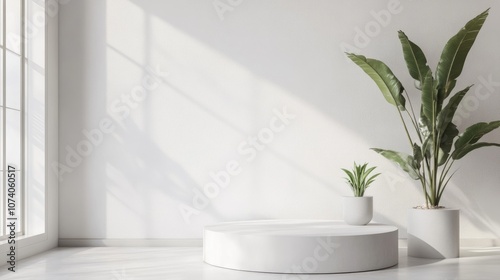 3D rendered product display pedestal in a minimalist white room