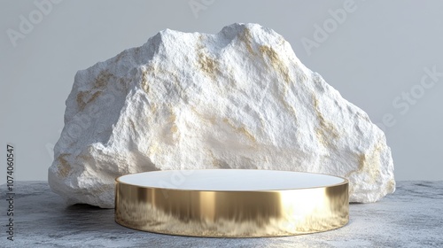 Abstract white stone rock featuring a gold podium Background for product and cosmetic display showcase 3D rendering 3D illustration photo