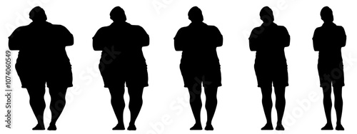 Conceptual fat overweight obese man vs slim fit healthy body after weight loss or diet, white background banner. A  fitness, nutrition or obesity, health care shape illustration vector as silhouettes