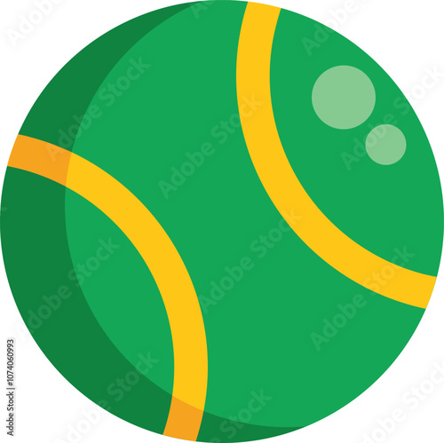 Green tennis ball with yellow stripes, for playing sports on court or field