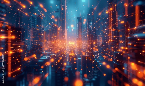 Futuristic Cityscape with Glowing Light Rays and Digital Data Transfer in Blue and Orange, Abstract Technology, High-Speed Virtual Connection