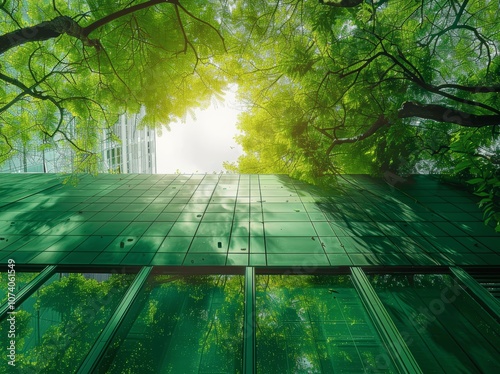 Eco-friendly green office building with trees on roof sustainable architecture reducing heat carbon dioxide modern city environment