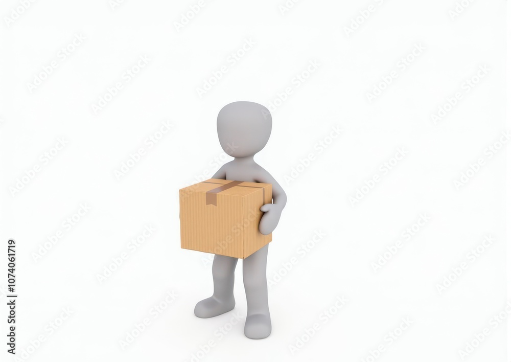 gray toy man 3d carries in hands a cardboard box on white background gray toy man 3d carries in hands a cardboard box on white background