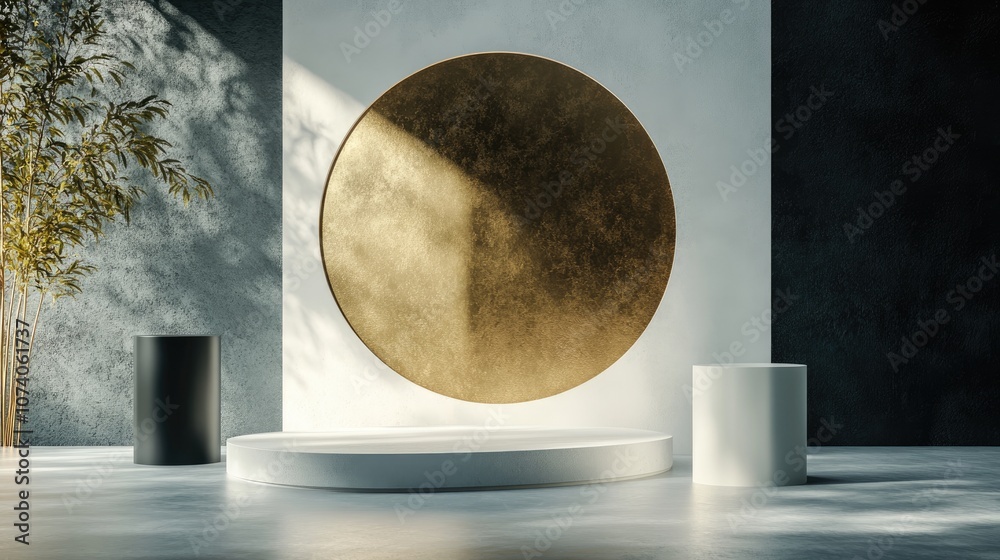 Geometric pedestals in white black and gold with a luxurious circular backdrop and pillar Abstract studio setting designed for cosmetic products Minimalist scene for promotional displays and showc Geometric pedestals in white black and gold with a luxurious circular backdrop and pillar Abstract studio setting designed for cosmetic products Minimalist scene for promotional displays and showc