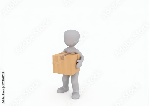 gray toy man 3d carries in hands a cardboard box on white background