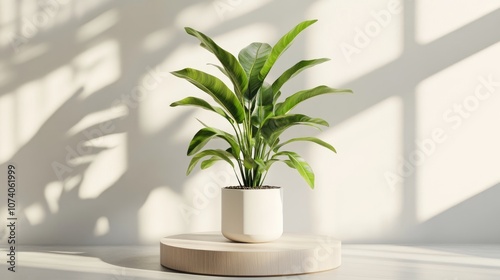 Product showcase pedestal featuring a potted plant with natural foliage in 3D rendering