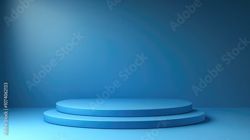 3D blue display podiums with two stairs for product advertising set against a two tone blue background 3D rendering and illustration