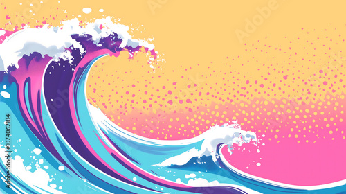 Bold wave pattern with vibrant colors and dynamic movement, featuring shades of blue, pink, and purple against warm yellow background