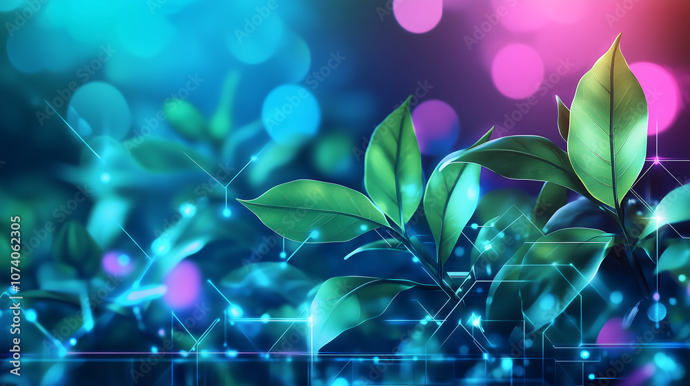 Obraz premium Lush green leaves with vibrant neon lights and bokeh effects create stunning visual. blend of nature and technology evokes sense of tranquility and innovation
