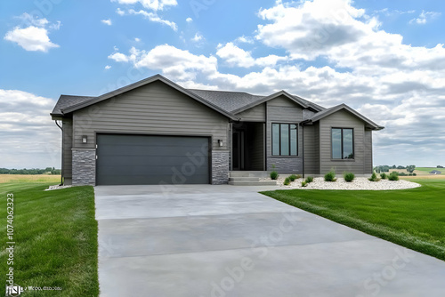 Neighborhood Real Estate Image - Modern single-story house with a landscaped front yard and driveway.