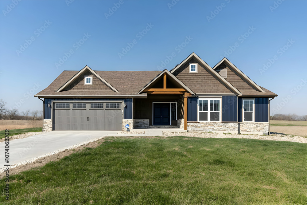 Neighborhood Real Estate Image - A modern single-family home with a stone facade and a spacious lawn under a clear blue sky. Neighborhood Real Estate Image - A modern single-family home with a stone facade and a spacious lawn under a clear blue sky.