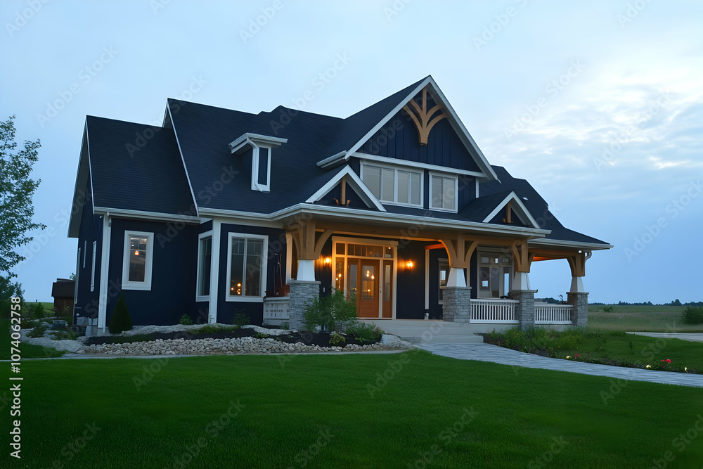 Neighborhood Real Estate Image - A modern house with a dark exterior, porch, and landscaped yard during twilight. Neighborhood Real Estate Image - A modern house with a dark exterior, porch, and landscaped yard during twilight.