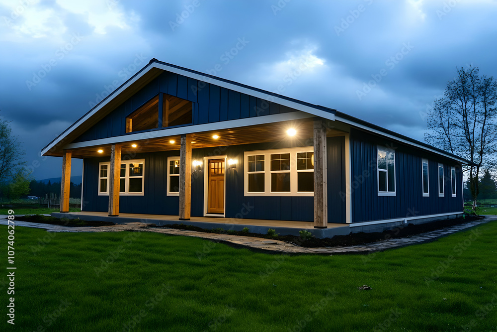 Neighborhood Real Estate Image - A modern blue house with a welcoming porch, illuminated at dusk amidst a grassy landscape. Neighborhood Real Estate Image - A modern blue house with a welcoming porch, illuminated at dusk amidst a grassy landscape.