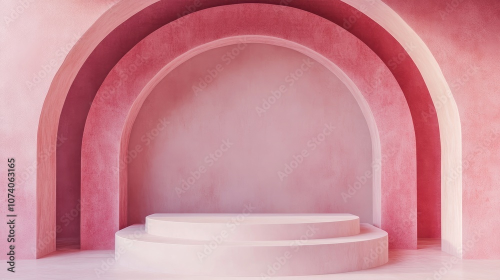 Minimalist abstract pink backdrop featuring an empty podium and pastel hues designed for modern stage display or showcase 3D rendering Minimalist abstract pink backdrop featuring an empty podium and pastel hues designed for modern stage display or showcase 3D rendering