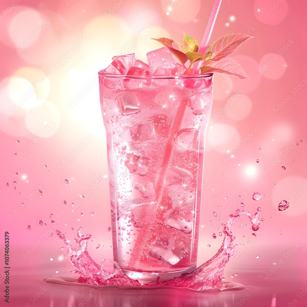 A refreshing pink drink with ice and a straw, splashing against a vibrant pink background. A refreshing pink drink with ice and a straw, splashing against a vibrant pink background.