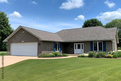 Neighborhood Real Estate Image - A charming single-story house with a well-maintained lawn and flower beds under a blue sky.