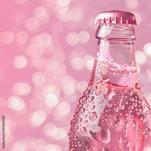 A close-up of a pink beverage bottle with condensation against a blurred pink background.