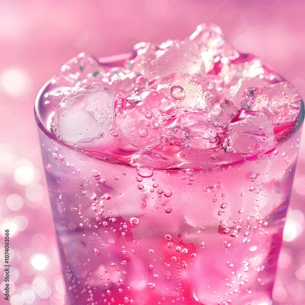 A refreshing pink drink with ice and bubbles in a glass, set against a shimmering background. A refreshing pink drink with ice and bubbles in a glass, set against a shimmering background.