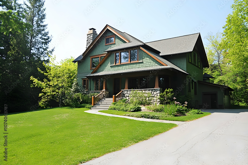 Neighborhood Real Estate Image - A large green house surrounded by trees and a well-maintained lawn. Neighborhood Real Estate Image - A large green house surrounded by trees and a well-maintained lawn.
