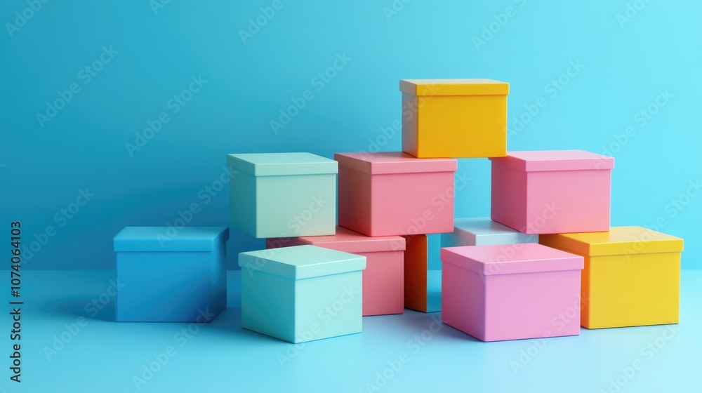 Vibrant pastel colored boxes on a bright blue backdrop Minimalistic design 3D rendering Vibrant pastel colored boxes on a bright blue backdrop Minimalistic design 3D rendering