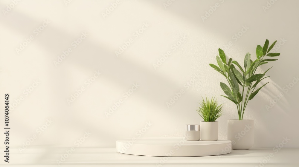 3D podium display featuring small plants on a neutral background Round pedestal designed for promoting cosmetic and beauty products suitable for sales and advertising Natural showcase in an abstra 3D podium display featuring small plants on a neutral background Round pedestal designed for promoting cosmetic and beauty products suitable for sales and advertising Natural showcase in an abstra