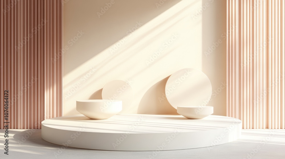 Abstract realistic 3D white pedestal podium arrangement with a minimalist pastel wall backdrop ideal for showcasing cosmetic products