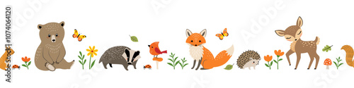 Vector seamless border of cute forest animals, butterflies, flowers and mushrooms. Set of woodland animal characters isolated on white background. 