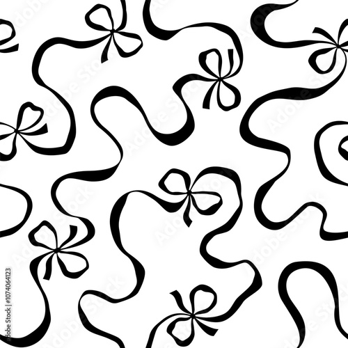 Black and white vector seamless pattern with ribbon and bows. 