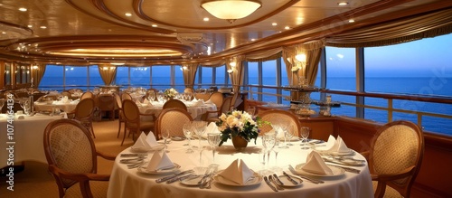Elegant dining room with large windows overlooking the ocean at sunset.