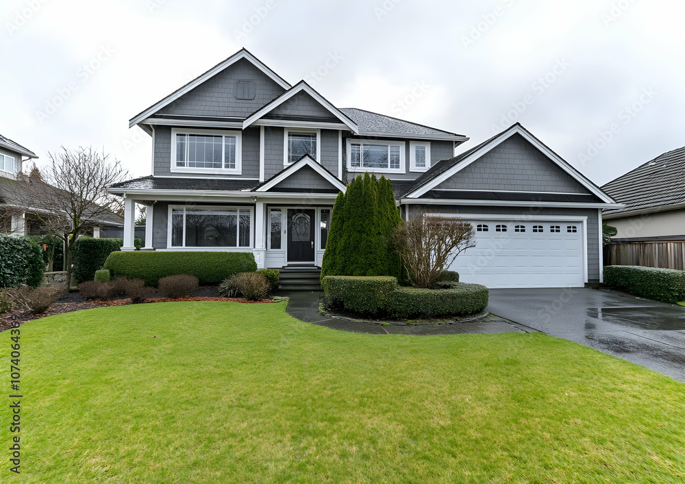 Neighborhood Real Estate Image - A modern two-story house with a well-maintained lawn and driveway. Neighborhood Real Estate Image - A modern two-story house with a well-maintained lawn and driveway.