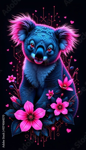 Cute koala with a joyful expression sitting among pink flowers on a colorful digital background photo