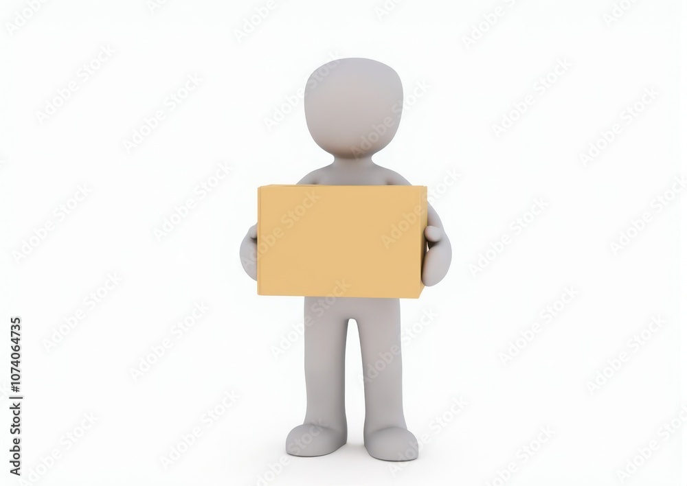 gray toy man 3d carries in hands a cardboard box on white background gray toy man 3d carries in hands a cardboard box on white background
