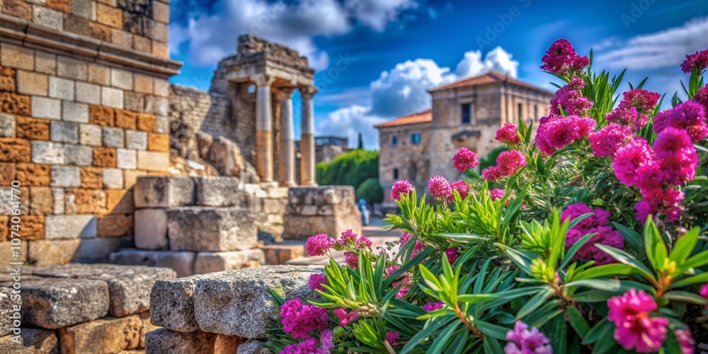 Fototapeta premium Captivating Macro Photography of Ancient Ruins and Flora in Syracuse, Greece, Showcasing the Intricate Details of Nature and History in a Mediterranean Landscape
