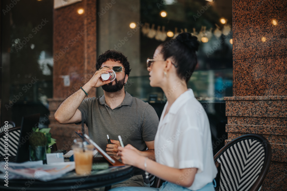 Two colleagues having a business meeting in a coffee shop, engaging in conversation and enjoying beverages while working together. Two colleagues having a business meeting in a coffee shop, engaging in conversation and enjoying beverages while working together.